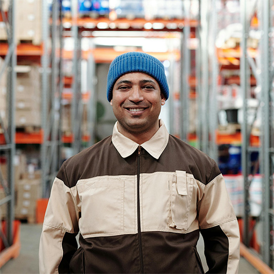 A smiling man stands in a warehouse, surrounded by shelves filled with various items, exuding a positive atmosphere.